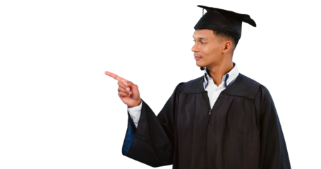 Education, graduation and student pointing to marketing isolated on transparent, png background. Man, university or college graduate showing advertising for scholarship, development or opportunity