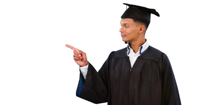 Education, graduation and student pointing to marketing isolated on transparent, png background. Man, university or college graduate showing advertising for scholarship, development or opportunity