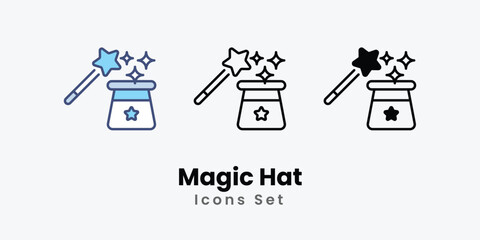 Magic Hat Icons vector, website, booking sites and mobile apps. Graphic contour logo for offers, commerce, ui ux and other design needs. Vector isolated stock illustration