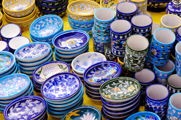 Hand made colorful ceramic pottery. Hand painted pottery. Traditional pottery fair in Pune, India