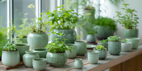 Fototapeta premium Fresh Green Plants in Decorative Pots for Indoor Gardening