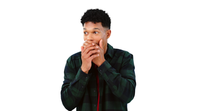 Wow, surprise and man with gossip, news and isolated on transparent png background. Omg, mind blown and male person in shock for drama, announcement and secret or confession, giveaway and promotion