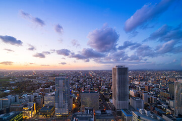 sunset or sun rise of Sapporo cityscape with Skyline and office building and downtown of sappiro is  populars ciy from toursim Hokkaido, Japan with twilight sky in spring season - 737230840