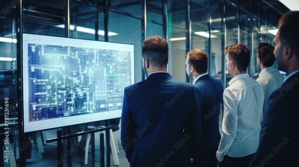 Poster a group of it engineers discuss new technologies, project ideas and the direction of development of 