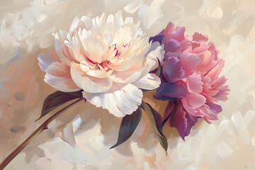 a white pink and purple peony on a soft cream backgro - obrazy, fototapety, plakaty