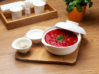 Borscht soup with lard and sour cream. Lunch.