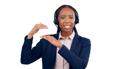 Portrait, woman and headset with hands for customer service, help desk support or telemarketing....