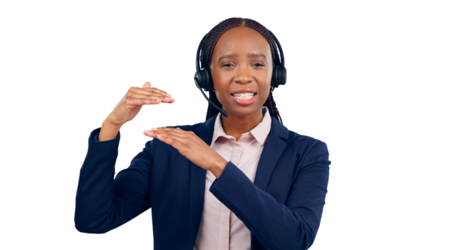 Portrait, woman and headset with hands for customer service, help desk support or telemarketing. African call center agent, client relationship management and isolated on transparent png background