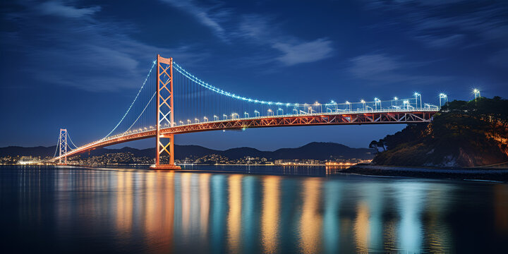 golden gate bridge at night,  Cityscape with Iconic Bridges, Bay Bridge At Night With Moon And Stars Background, view of the golden gate bridge on cozy blurred background,  Generative AI