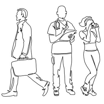 Line Illustration of three people with different careers: a businessman, a doctor, a photographer