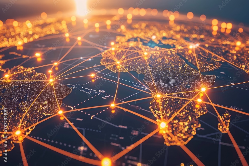Poster glowing lights illuminate map of the world, a world map showing thousands of connected nodes, repres