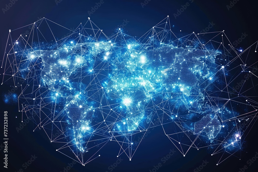 Poster blue map of the world, a world map showing thousands of connected nodes, representing a global block