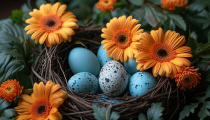 Obraz na płótnie Canvas A rustic nest with speckled blue eggs amidst vibrant orange gerberas and delicate blue daisies.