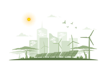 Environmental care and use clean green energy from renewable sources, Net zero emissions, Wind power generators or windmill farm, Solar cells panels, Power generation industrial on city background.