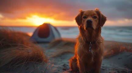 a dog is sitting on the beach at sunset with a tent in the background . High quality