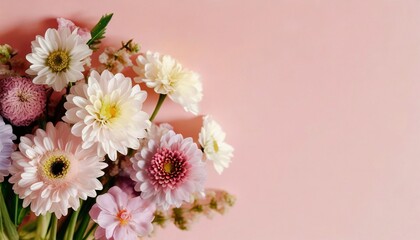 Naklejka na ściany i meble Beautiful spring flowers on light pink background. Top view