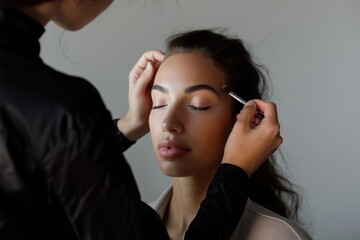 Capture a model in a white studio backdrop, with a makeup artist skillfully applying makeup while a photographer 