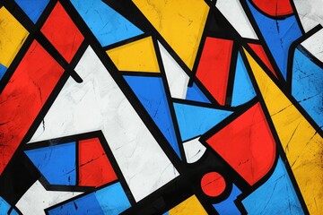 Fototapeta premium This photo showcases a vibrant painting composed of various colorful shapes adorning a wall, Abstract background featuring bold, geometric shapes in primary colors, AI Generated