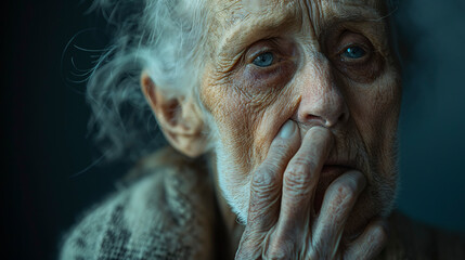 Retrato, primer plano de una anciana como imagen de la soledad de las personas mayores en la sociedad actual - obrazy, fototapety, plakaty