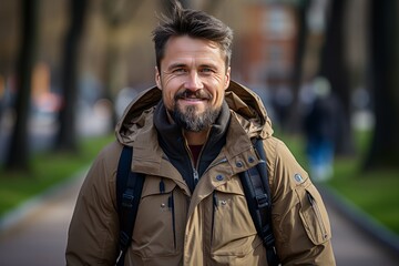 Middle aged man in stays the park with a backpack, front view portrait