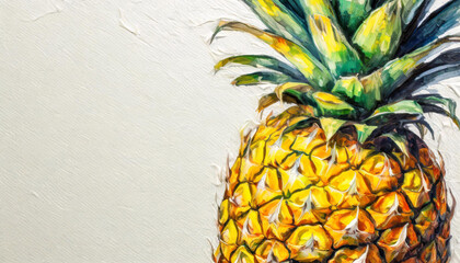 Oil painting of a ananas on pure white canvas, copyspace on one side