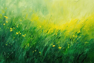Fototapeta na wymiar This photo captures a painting featuring vibrant green grass and blooming yellow flowers, Abstract interpretation of a lush, green meadow in spring, AI Generated