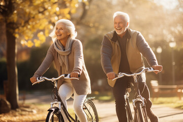 Older folks hitting the road on bicycles. Concept of European couple of mature people with active lifestyle doing sports outdoors.