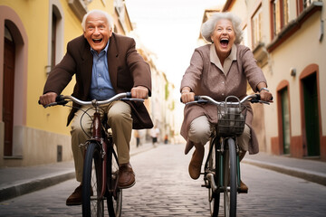 Aged individuals cycling along the trail. Concept of European couple of mature people with active lifestyle doing sports outdoors.