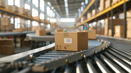 Cardboard boxes on a conveyor line, Delivery concept image
