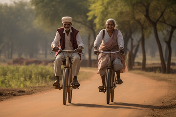 Senior citizens taking a bike for a spin. Concept of Indian couple of mature people with active lifestyle doing sports outdoors.