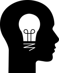 Head with bulb icon. Inspiration creative idea, Solution and innovation, knowledge. Idea concept drawing line or flat style. Black vector isolated on transparent background for graphic and web.