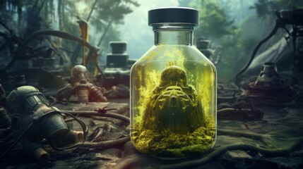 An unknown dangerous biological weapon in a jar. Biological, viral, bacterial contamination of the environment, an outbreak of an unknown disease. - obrazy, fototapety, plakaty