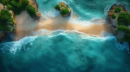 An overhead image showing a clean and beautiful beach on a sunny day.