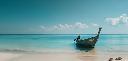 Fototapeta na wymiar A solitary travel boat rests on the pristine shores of a Thailand island beach, surrounded by turquoise waters and white sands