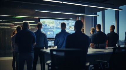 Obraz premium A group of IT engineers discuss new technologies, project ideas and the direction of development of the IT industry