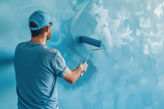 A man painting the wall of her house with a roller brush. Man changing the wall color of her house to blue home interior