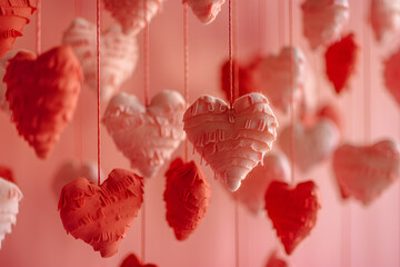 A Symphony of Hanging Hearts in a Soft Pink Ambiance