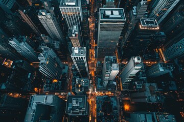 Aerial View of a City at Night, Aerial shot of a skyscraper dominated business district, AI Generated - obrazy, fototapety, plakaty