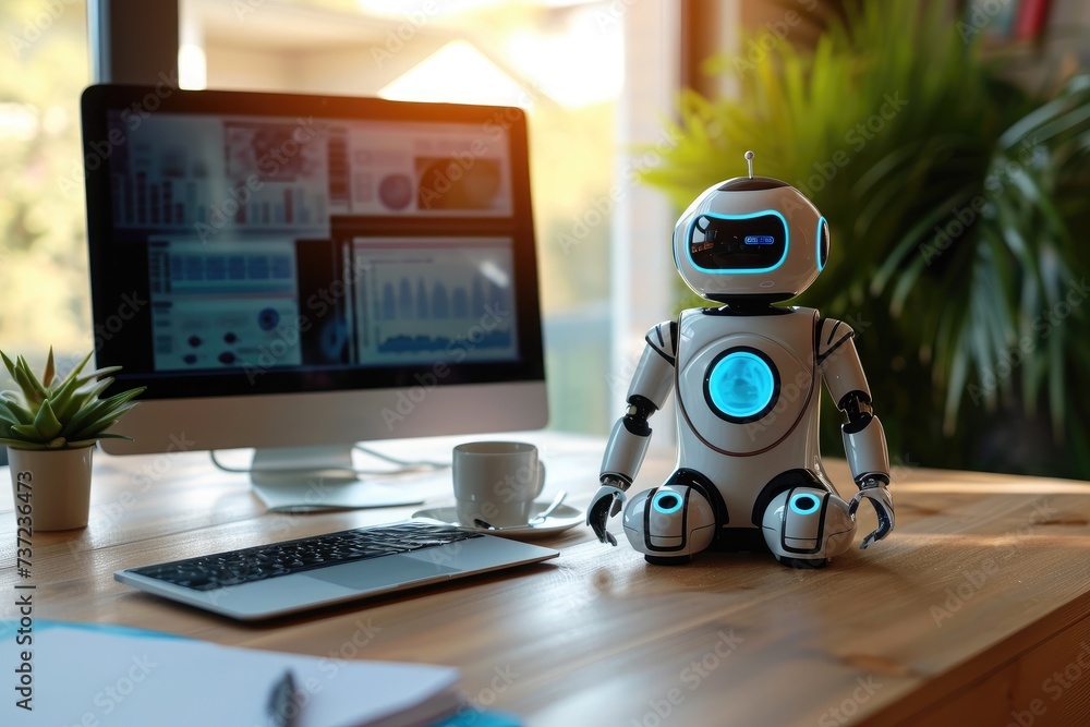 Poster a small robot sits comfortably on a desk beside a computer, showcasing the integration of technology