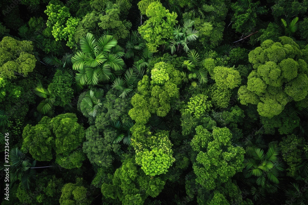 Poster a photo showing a panoramic view from above of a dense and verdant forest filled with tall trees and