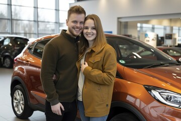 Fototapeta na wymiar Photo of happy couple in front of their car who bought their first car in car showroom -