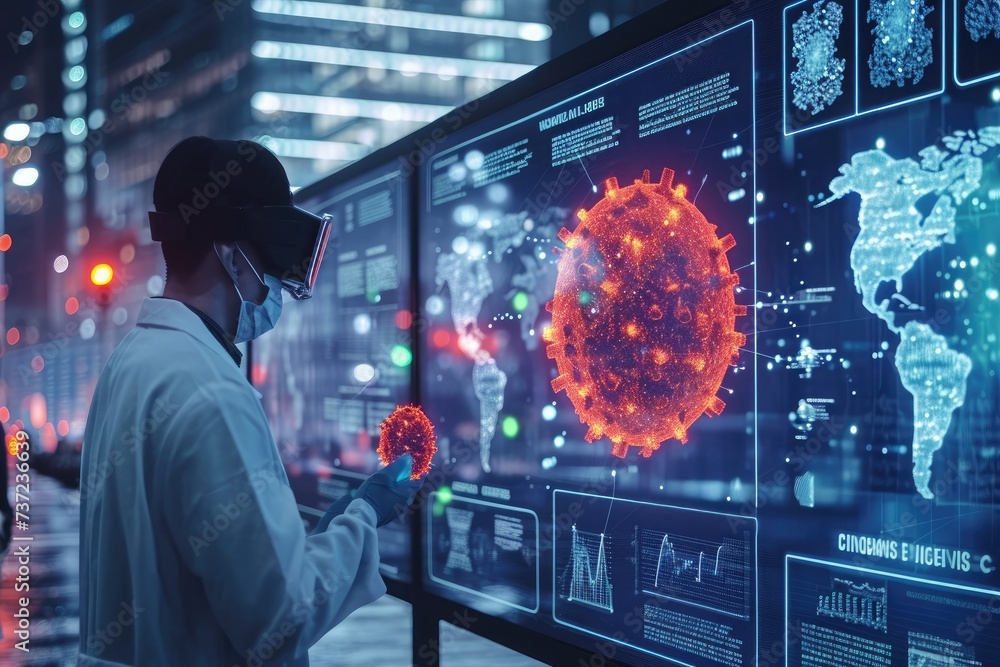 Poster a man wearing a white coat standing in front of a large screen, attentively observing the displayed 