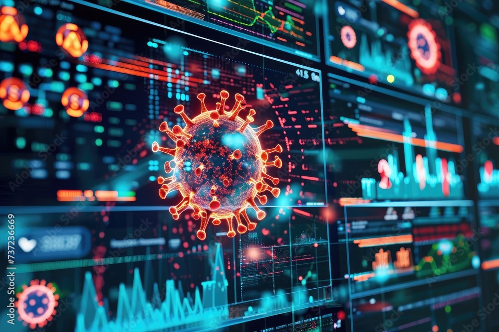 Poster a photograph of a computer screen displaying a symbol representing the corona virus, ai predicting p
