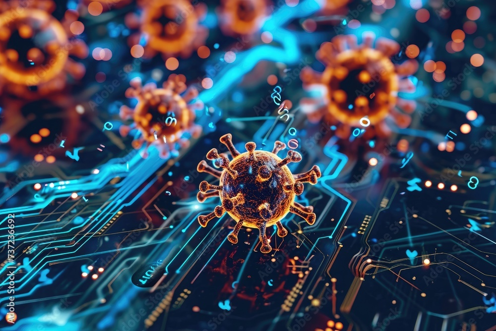 Poster a detailed view of a computer circuit board displaying a corona symbol, ai predicting pandemic sprea