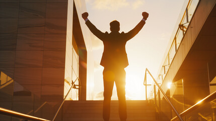 Silhouette of businessman celebrating raising arms on the top with over city background and sunlight.concept of leadership successful achievement with goal,success,growth,up,win and objective target.
