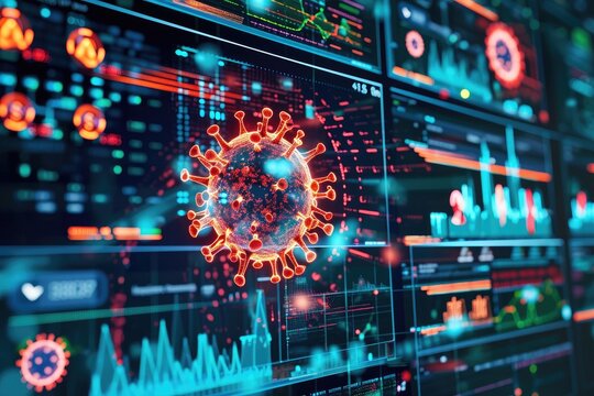 A photograph of a computer screen displaying a symbol representing the Corona virus, AI predicting pandemic spread using big data, AI Generated