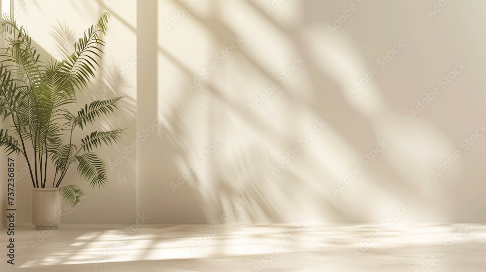 Poster wall interior background, studio and backdrops show products. with leaf shadow from window color bei