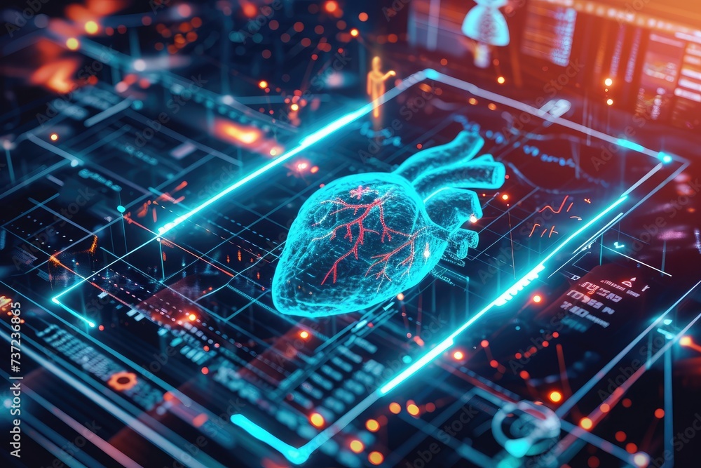 Poster a computer screen displaying a heart-shaped icon, ai-powered early warning system for cardiac arrest