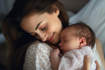 Fototapeta na wymiar Loving mum caring of her newborn baby at home holding sleeping infant child on hands generative ai