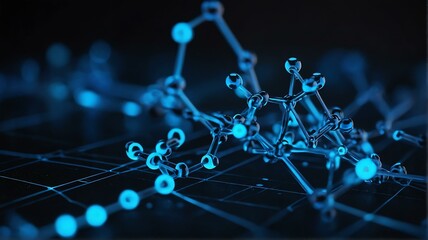 Futuristic dark blue neon theme glowing abstract molecule model concept of scientific research from Generative AI
